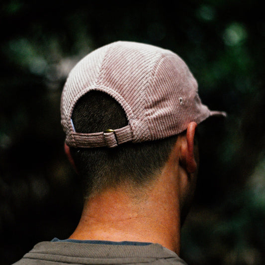 5 panel corduroy hat in salmon pink colour.